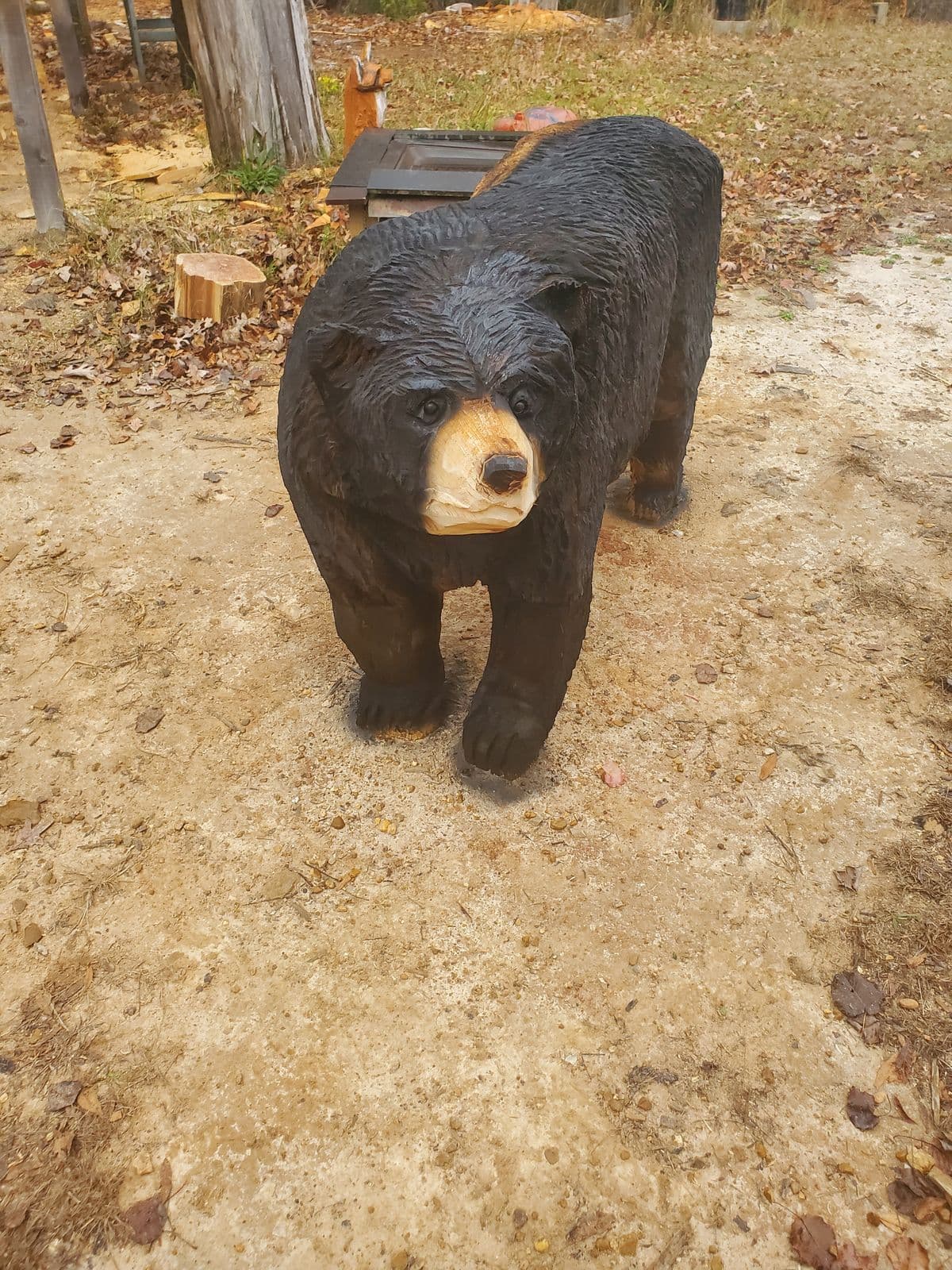 Life-size black bear carving walking on all fours